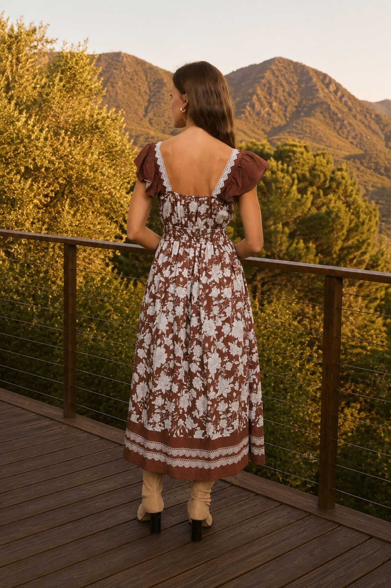 brown floral short sleeve long dress
