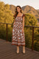 blu pepper brown floral square neck flutter sleeve midi dress