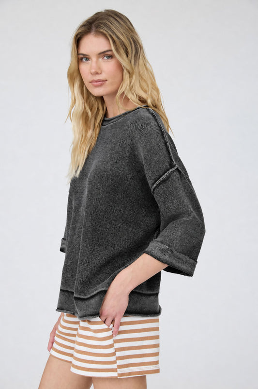blu pepper charcoal grey mineral wash quarter length sleeve top