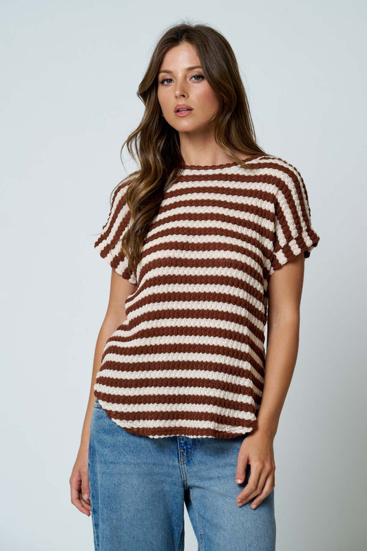 blu pepper brown striped short sleeve knit top