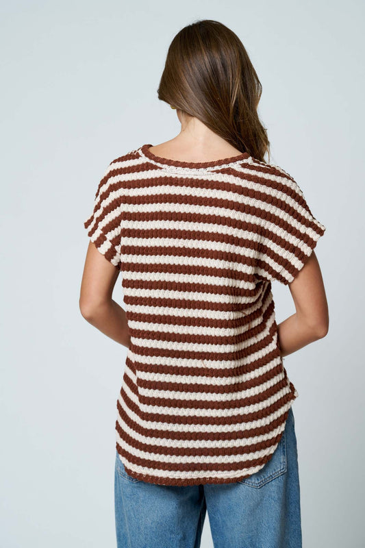 brown and cream short sleeve knit top