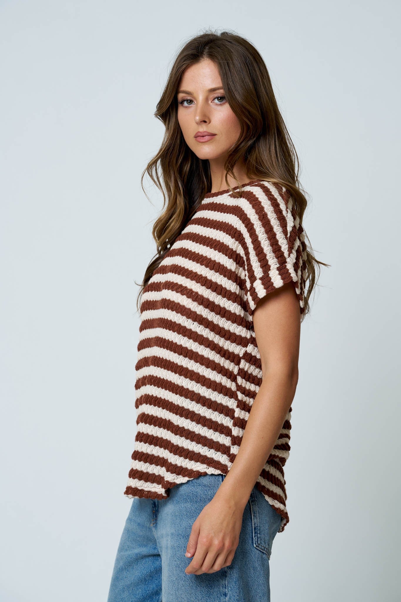 brown and cream striped knit top