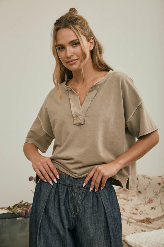blu pepper mocha short sleeve v neck boxy top