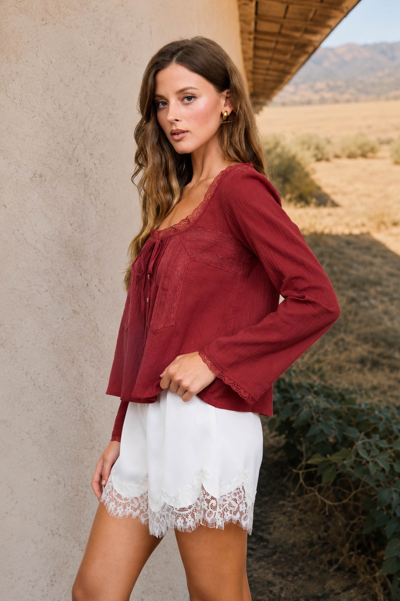 brick long sleeve dressy lace top