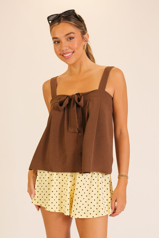 timing brown sleeveless bow front top