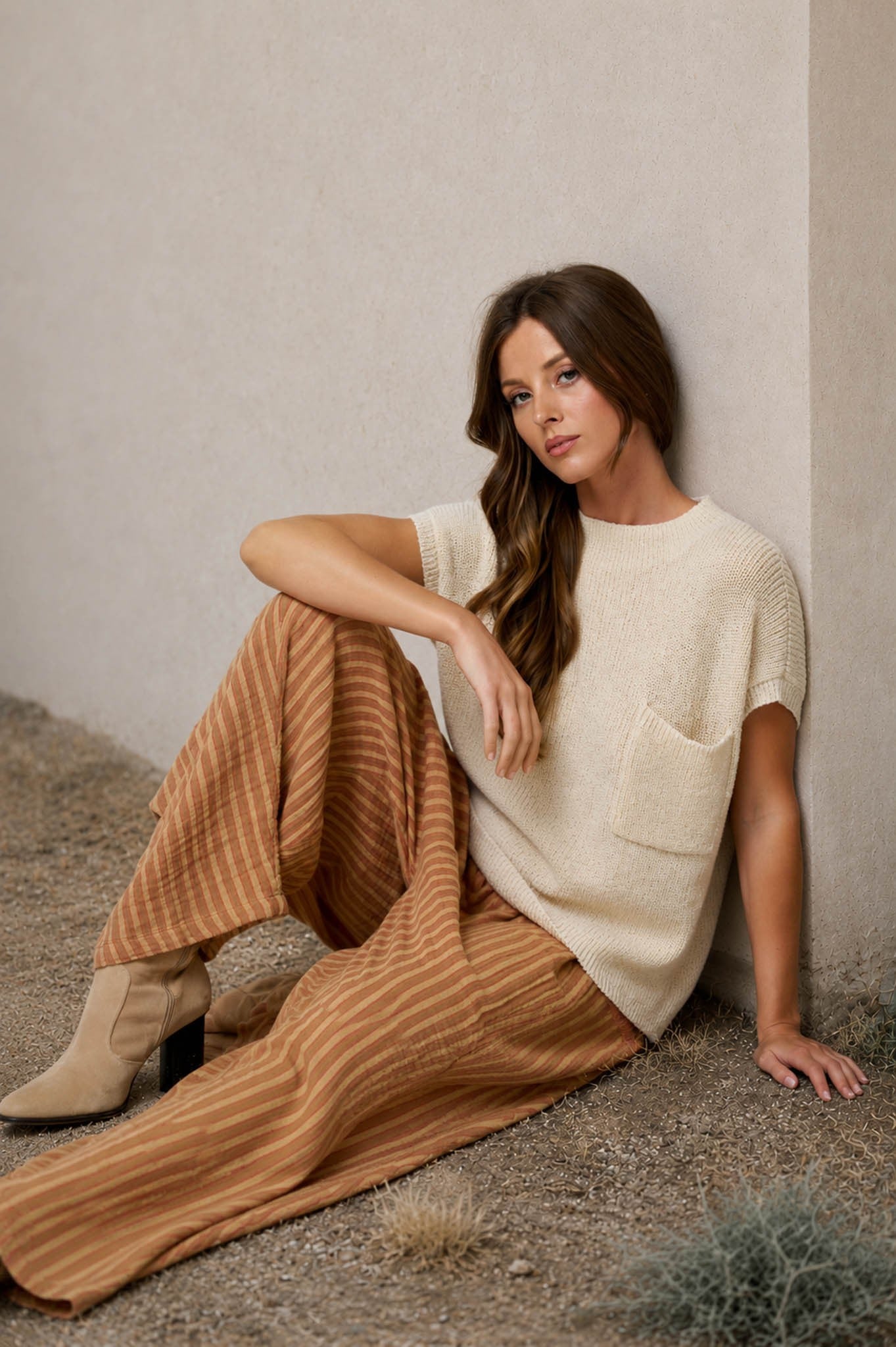 Oatmeal Short Sleeve Knit Pocket Sweater