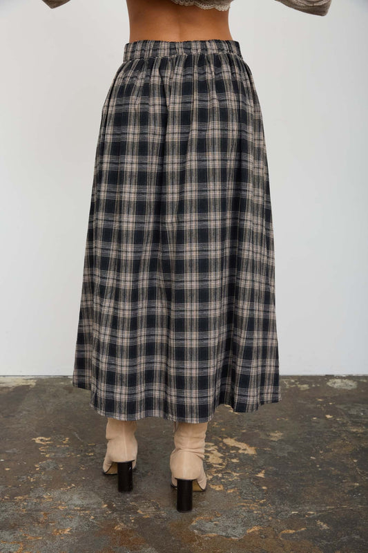 blu pepper black and mocha plaid midi skirt