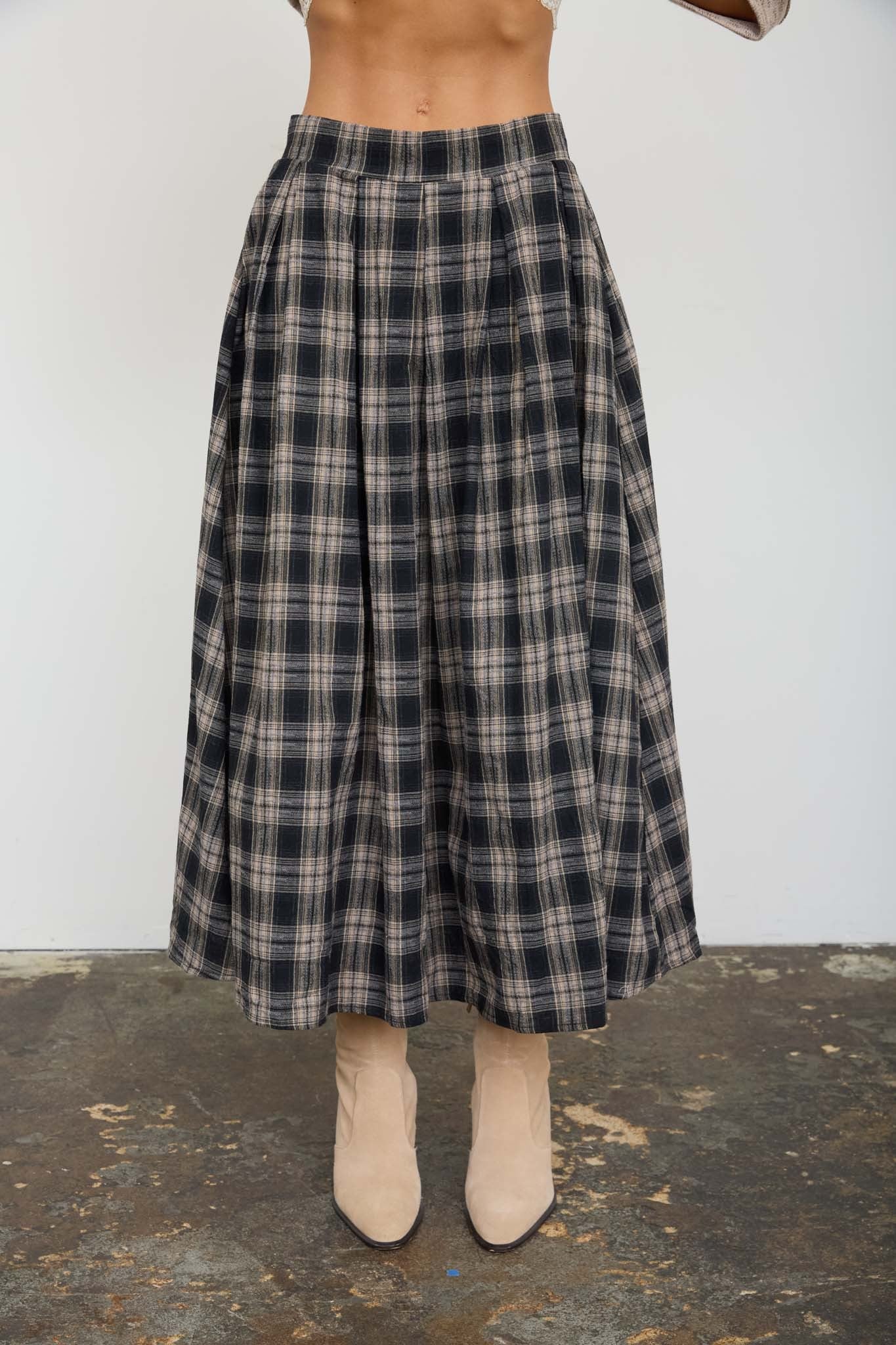 black and brown plaid side slit midi skirt