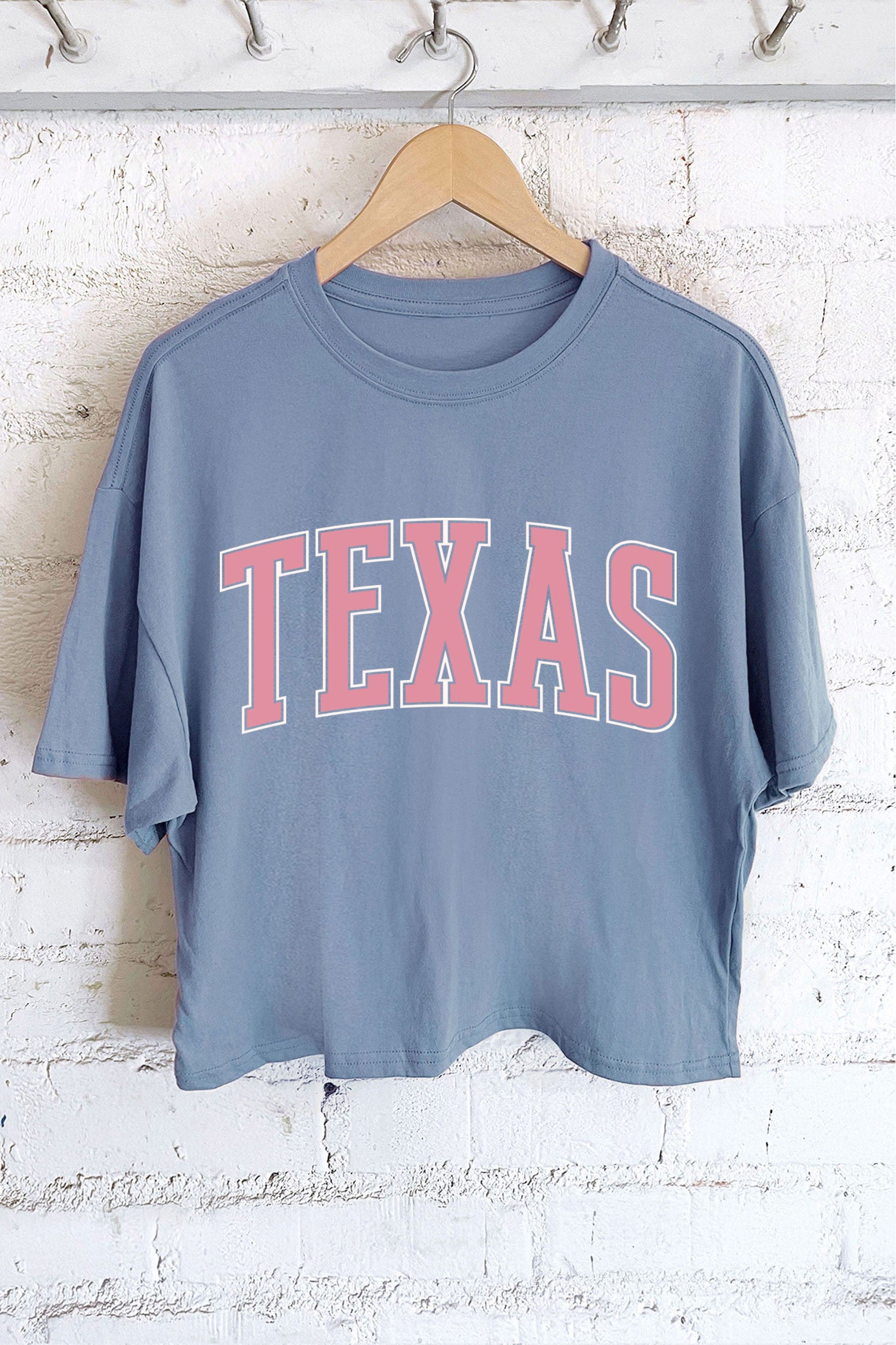 blue with pink letter texas long crop t shirt