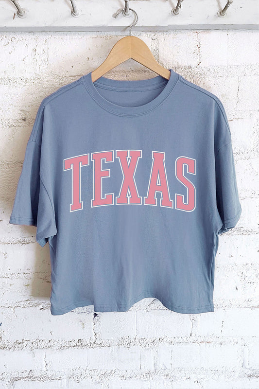 blue with pink letter texas long crop t shirt