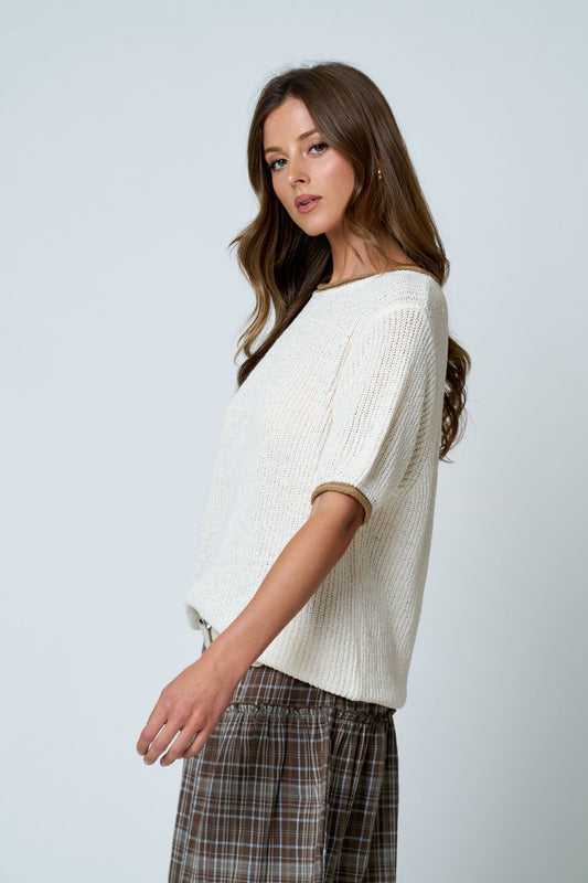 blu pepper cream short sleeve knit top