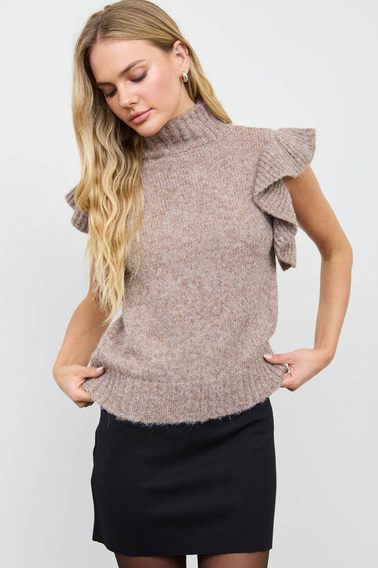 blu pepper taupe short ruffle sleeve knit sweater top