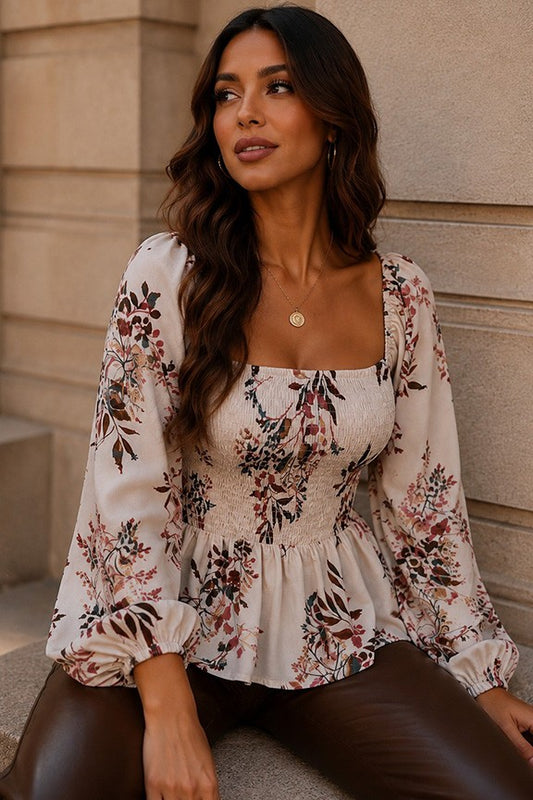 timing cream floral long sleeve peplum top