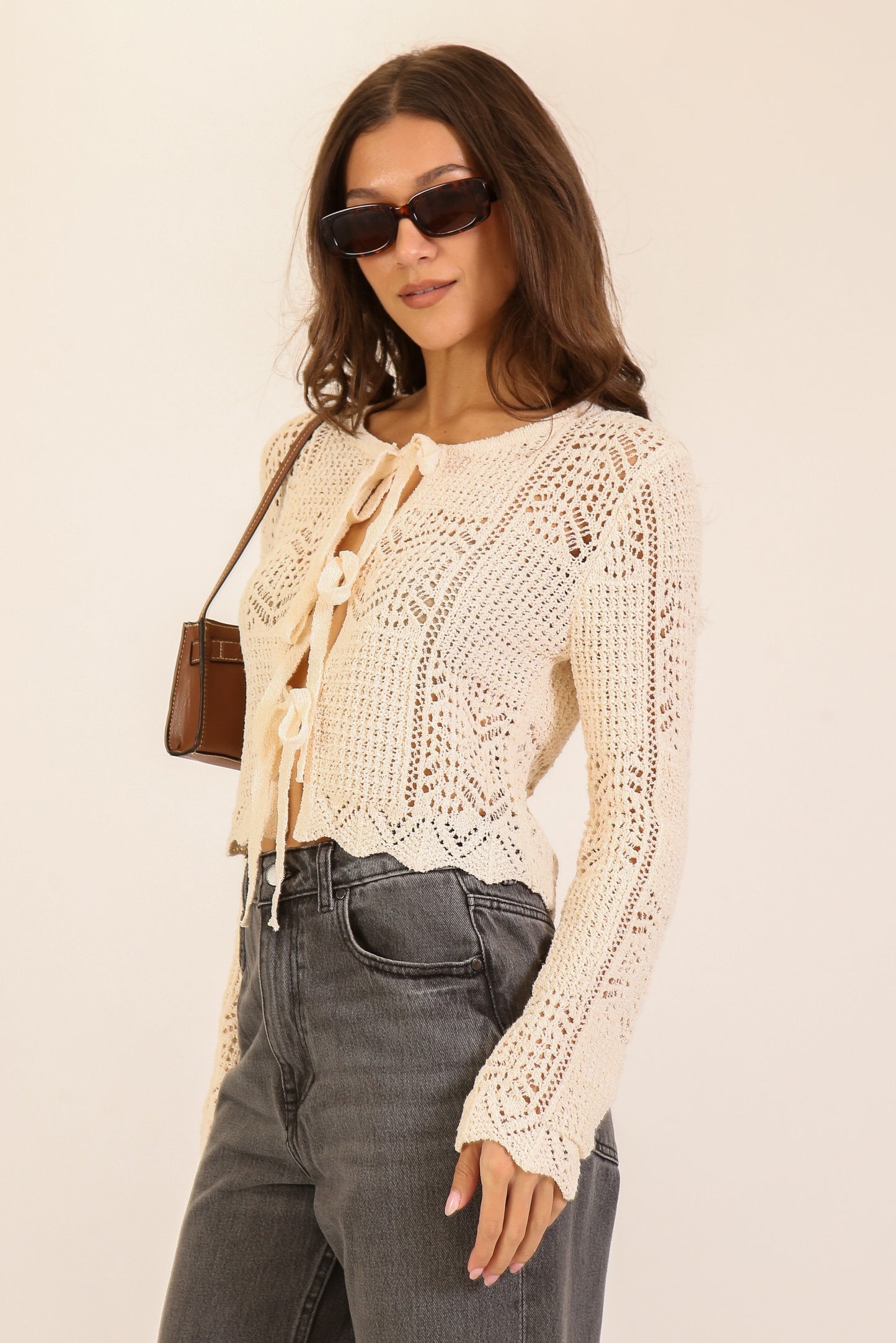 ivory long sleeve crochet top