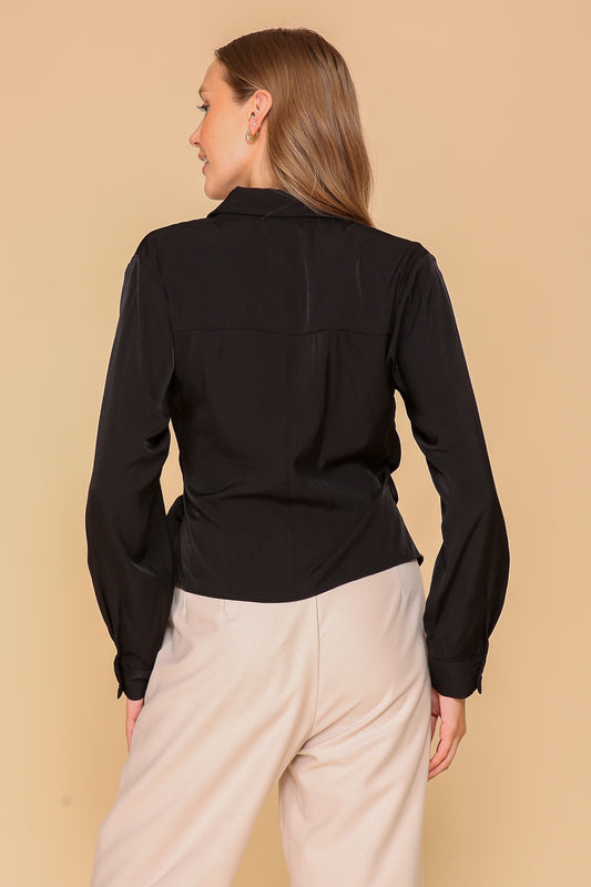 black long sleeve wrap front top