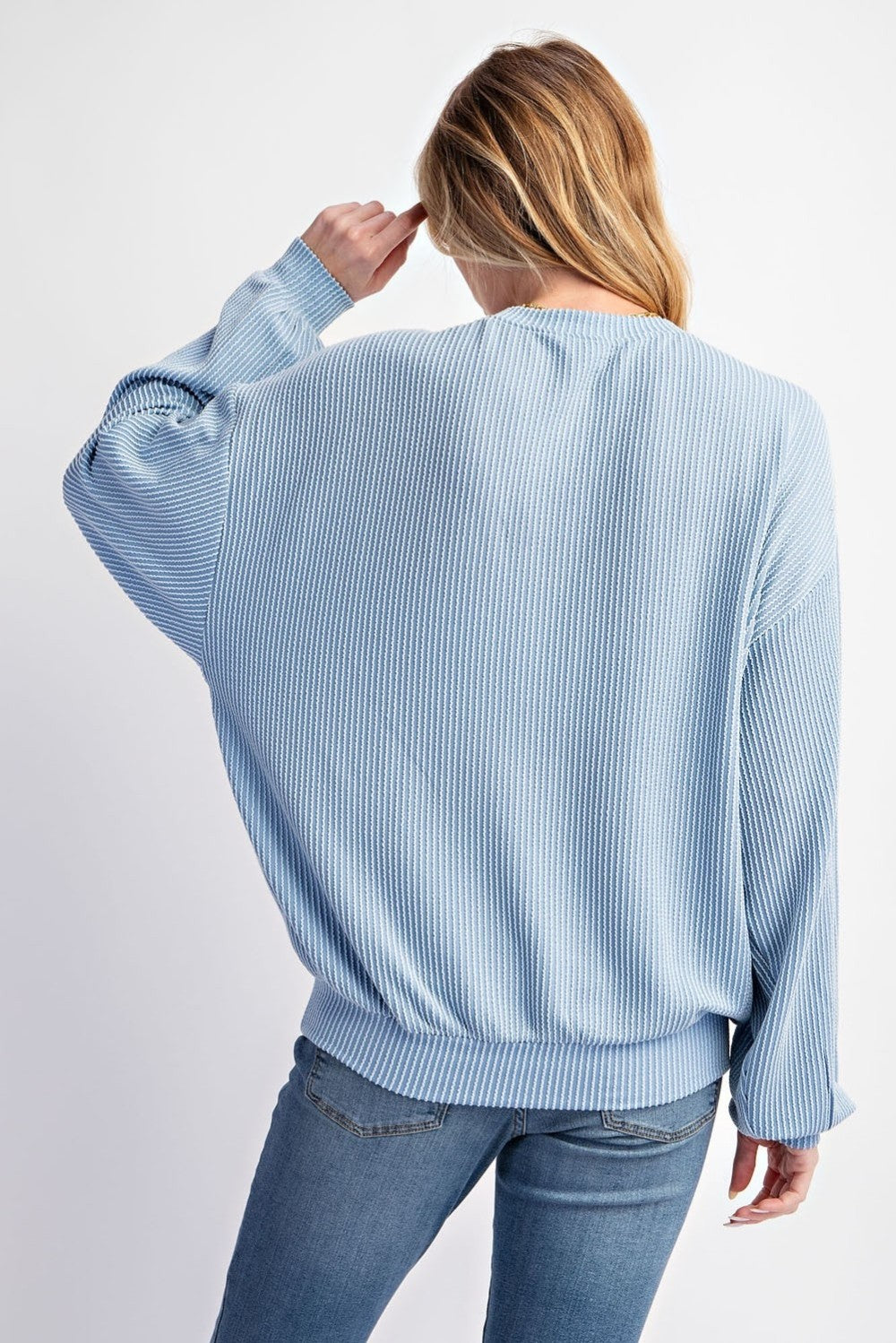 blue loose fit long sleeve ribbed sweatshirt