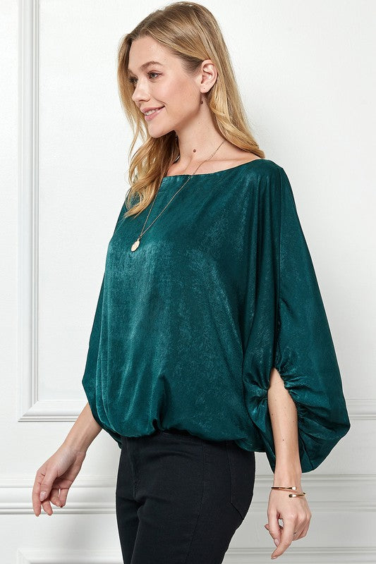 hunter green satin wide neck flowy top