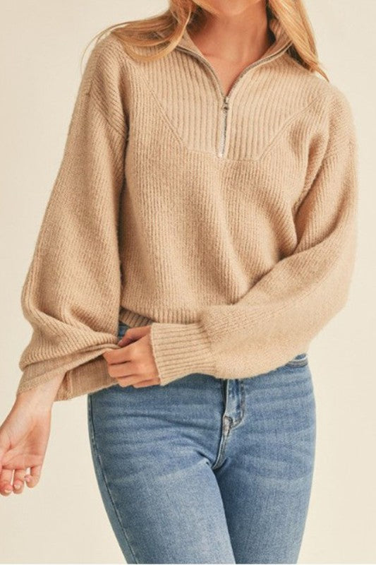 camel quarter zip soft knit pullover top