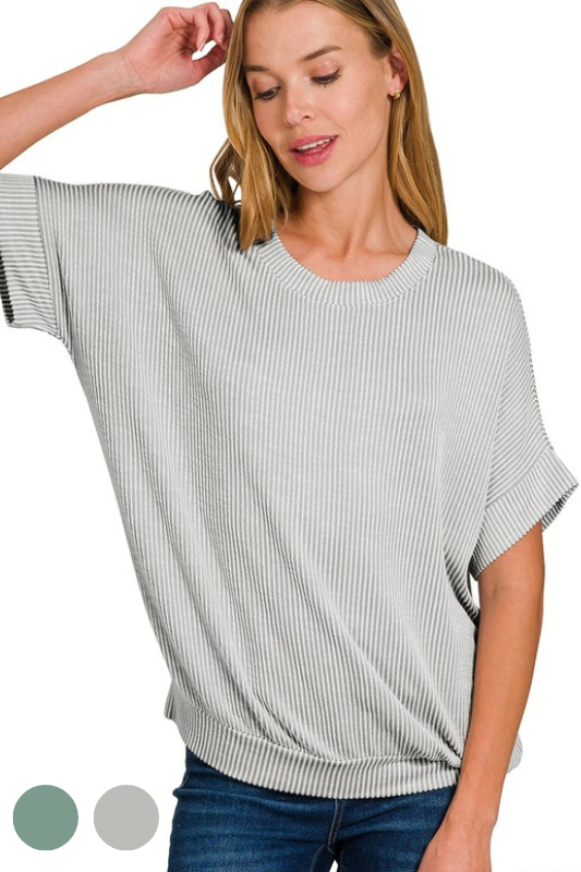 zenana grey ribbed short sleeve loose fit op