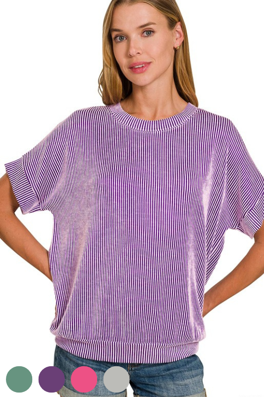 zenana purple ribbed short sleeve top