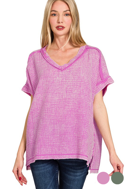 zenana pink gauze oversized  v neck top