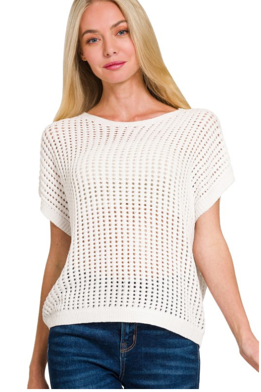 white short sleeve crochet knit top