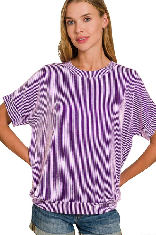 zenana purple ribbed short sleeve top