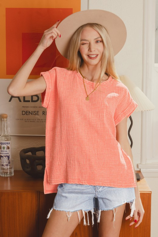 zenana coral short sleeve flowy top