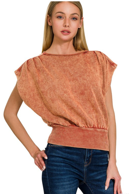 zenana orange mineral wash short sleeve top