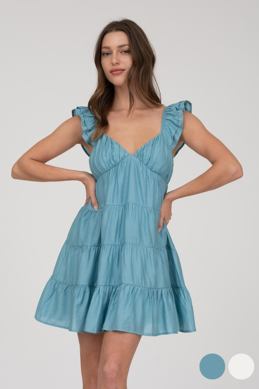 blu pepper blue ruffle strap short dress
