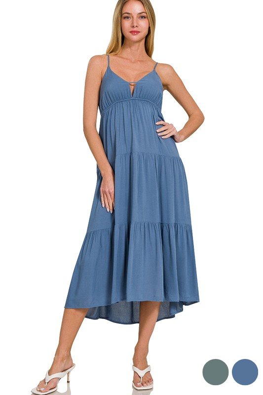 zenana blue sleeveless v neck midi dress