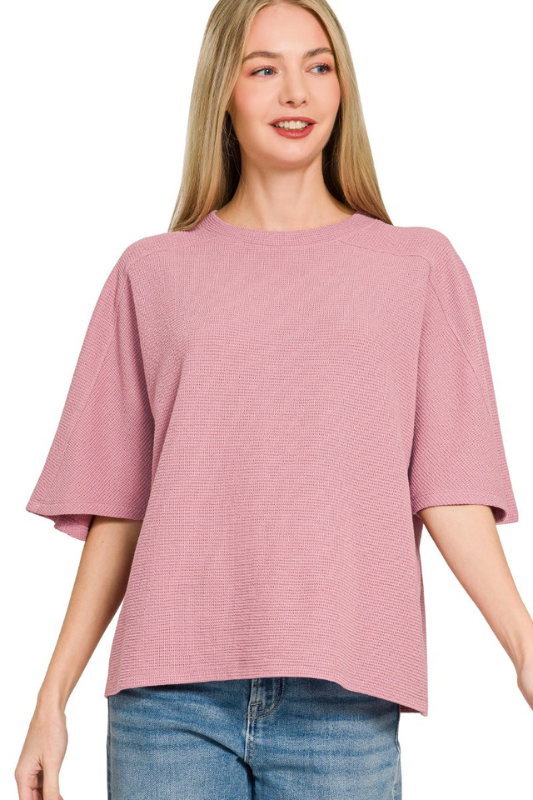 zenana dusty pink waffle knit short sleeve top