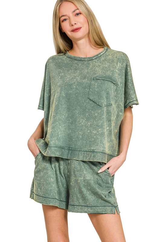 zenana jade green pocket elastic shorts set