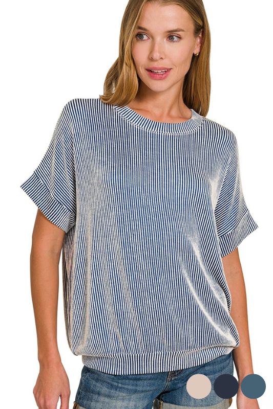 navy ribbed cuff sleeve top