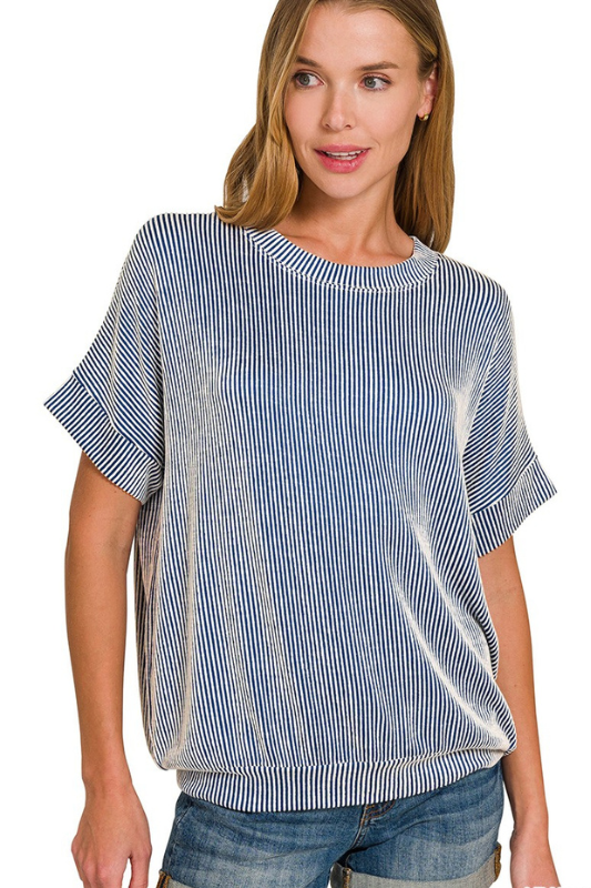 blue striped short sleeve top