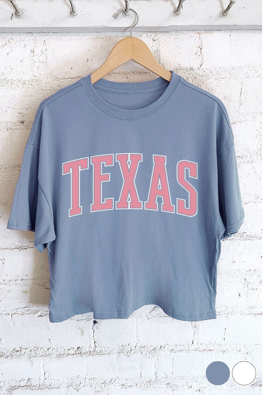 blue with pink letter crop tee