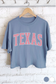 blue with pink letter crop tee