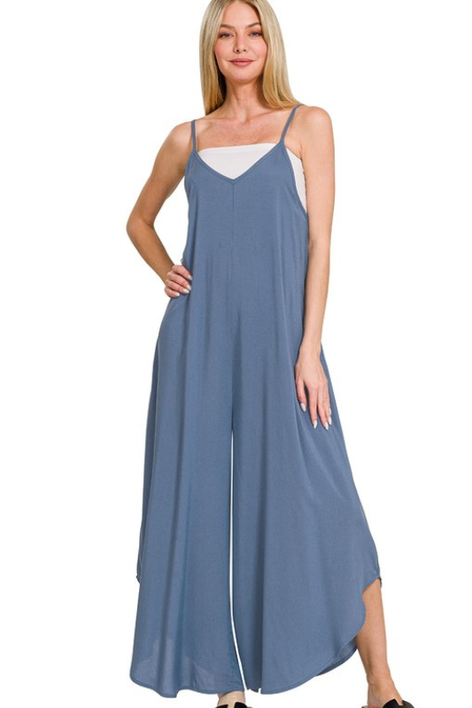 zenana dusty blue sleeveless wide leg jumpsuit