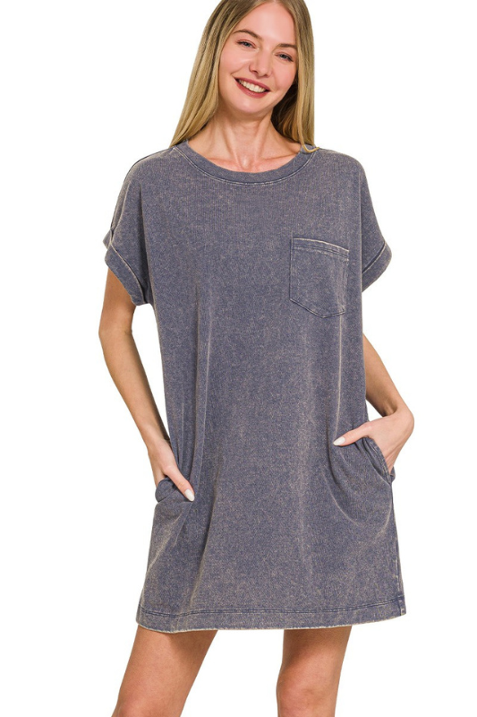 zenana blackberry short sleeve mineral ash pocket t shirt dress