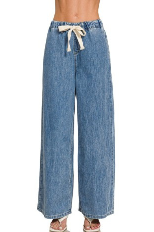 blue wide leg elastic waist chambray pants