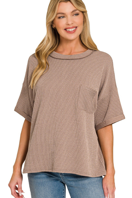 brown short sleeve ribbed top