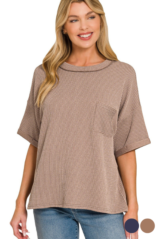 mocha ribbed short sleeve pocket top