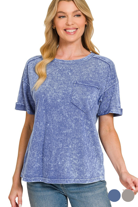 blue mineral wash pocket cuff tee