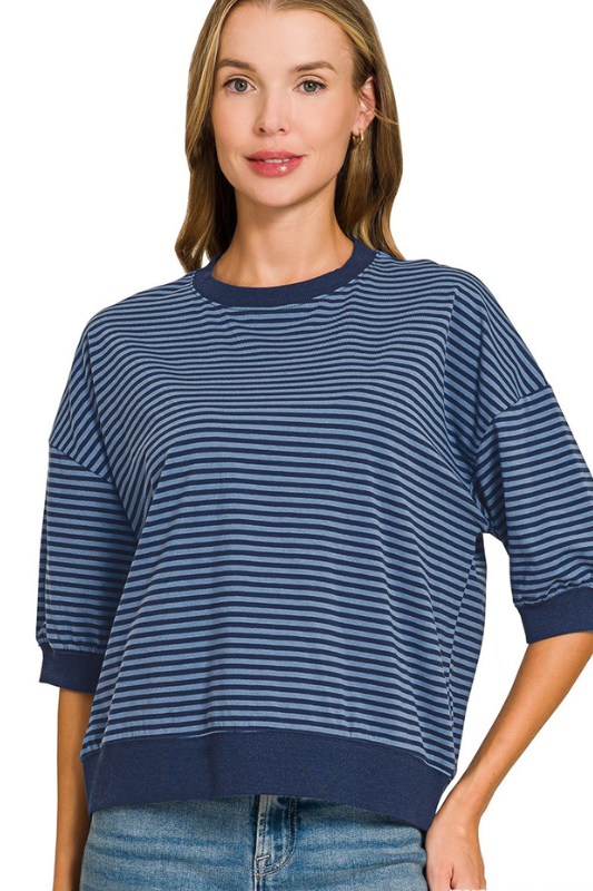 blue striped short sleeve top