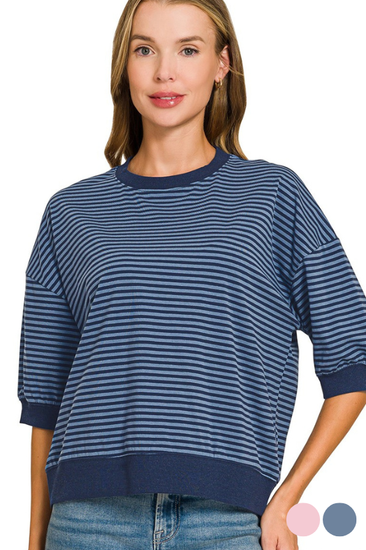 blue striped quarter length sleeve top