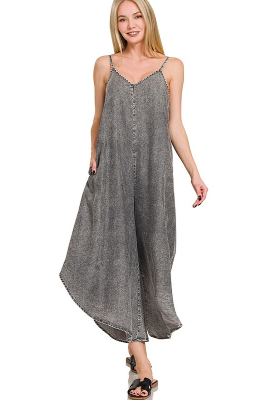 zenana black sleeveless flowy pocket jumpsuit