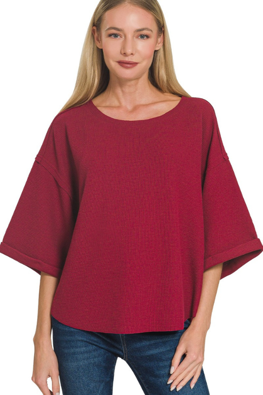 zenana burgundy short sleeve waffle knit top