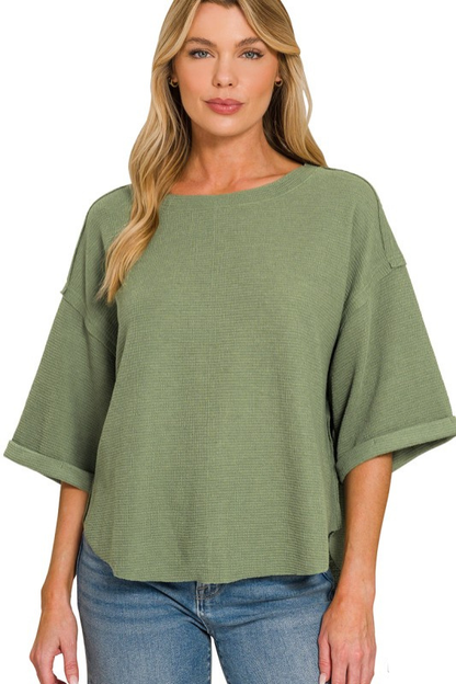 Waffle Knit Wide Sleeve Top