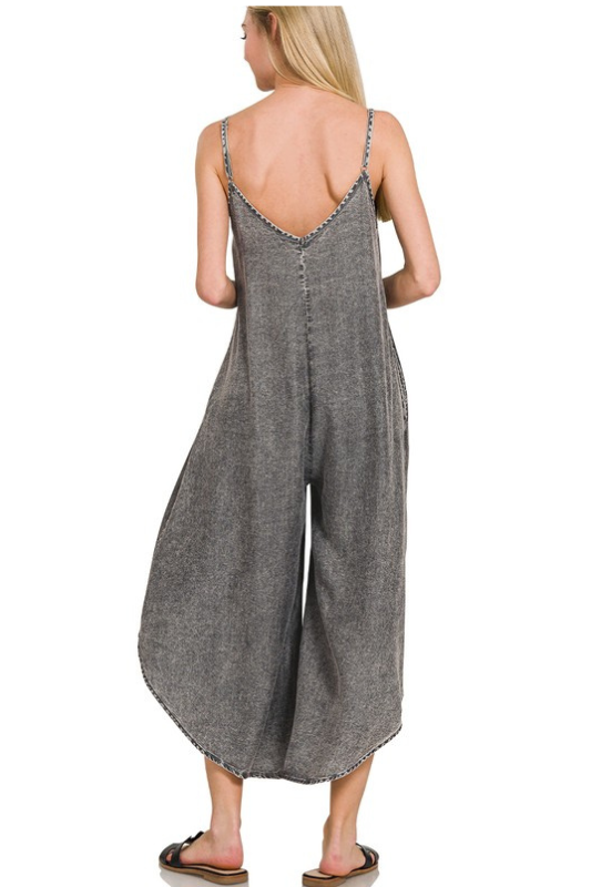 black mineral wash spaghetti strap wide leg jumpsuit