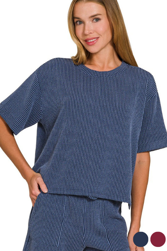 navy ribbed short sleeve set top